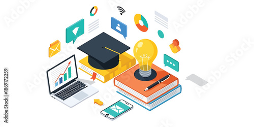 Isometric Education Concept Graduation Cap, Laptop, Bulb, Books, and Smartphone