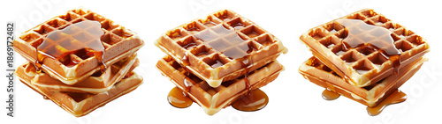 Golden waffles stacked with sweet syrup dripping, isolated on white transparent background. Concept of breakfast treat