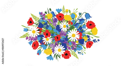 Vibrant Meadow Wildflower Bouquet with Poppies Daisies and Cornflowers Isolated on White Background