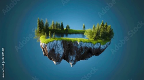 Miniature floating island slowly inverting itself like a hollow shape with trees folding inward, cinematic 4K loop.