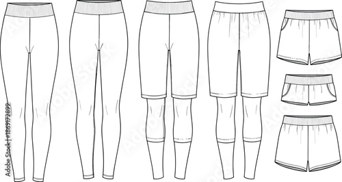 Women Activewear Technical Flat Sketch Vector Set Leggings Cycling Shorts Yoga Bottoms Fashion CAD Template Garment Design Outline Illustration for Manufacturing