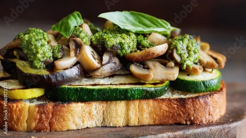 Delicious Vegetarian Open-Faced Sandwich: A culinary delight featuring toasted bread as the foundation, crowned with a vibrant medley of grilled vegetables. The ensemble is drizzled with savory pesto.