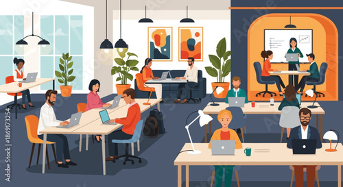 Diverse Professionals Collaborating in a Modern, Open-Plan Office Environment.