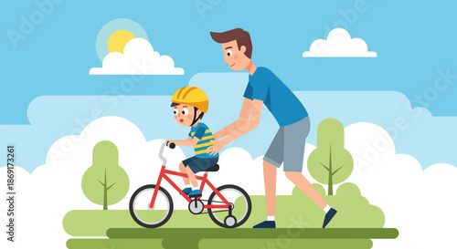 Father teaching son to ride bicycle in park on sunny day.