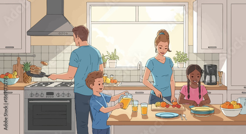 Family Cooking Together in a Bright Kitchen.