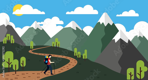 Hiker on a winding mountain trail under a sunny sky.