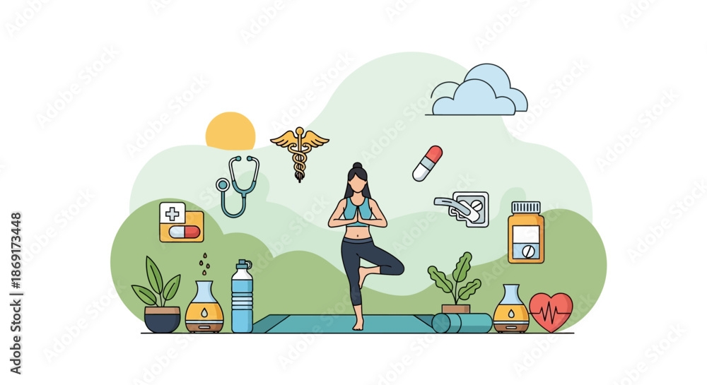 Fototapeta premium Woman practicing yoga surrounded by health and wellness elements.