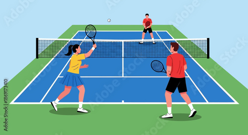 Tennis players on court during a match.