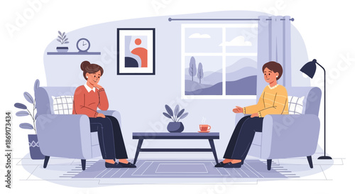Two people sitting in armchairs in a living room, engaged in conversation or therapy session.