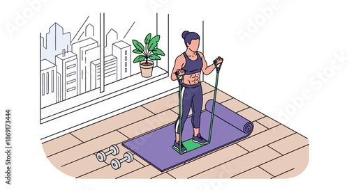 Woman exercising with resistance bands at home, staying fit and healthy.