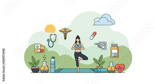 Woman practicing yoga surrounded by health and wellness elements.