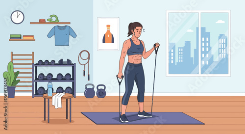 Woman exercising with resistance bands at home gym.