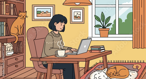 Woman working from home with cats in a cozy room.