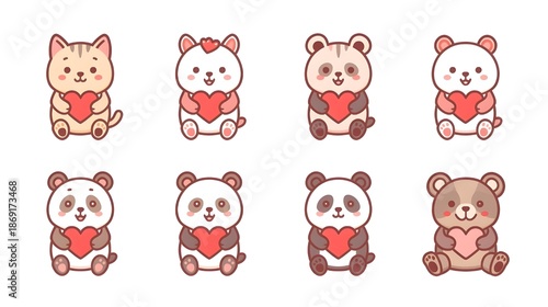 Kawaii Valentine's Day animals set cute cat, bunny, panda, and bear holding hearts in pastel colors