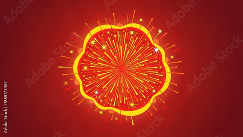 Vibrant red and yellow firework explosion with sparkling stars on dark red background for festive celebrations with events and party and new