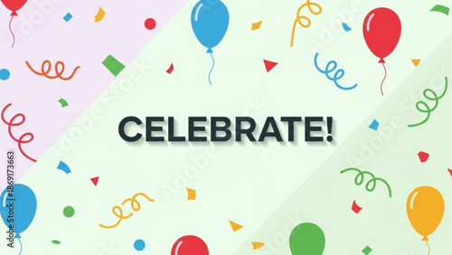 Vibrant celebration background with colorful balloons and confetti on light green and pink with party and festive and event and birthday and fun