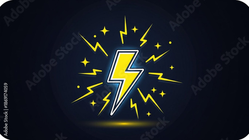 Electricity strikes with vibrant yellow lightning bolt surrounded by dynamic sparks and stars on dark background with energy and power and shock