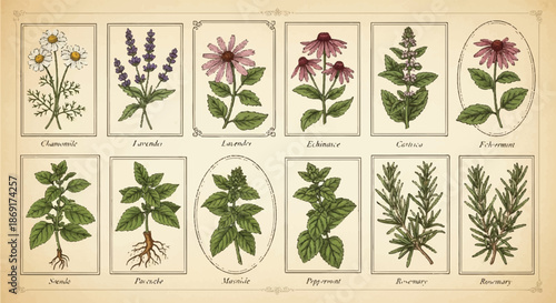 Vintage Botanical Chart Poster featuring Various Medicinal Herbs and Wildflowers with Scientific Illustration Style