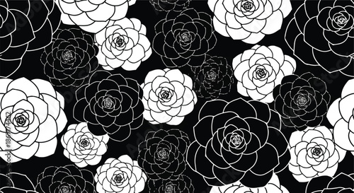 Minimalist Black and White Stylized Rose Floral Seamless Pattern Graphic Print Background