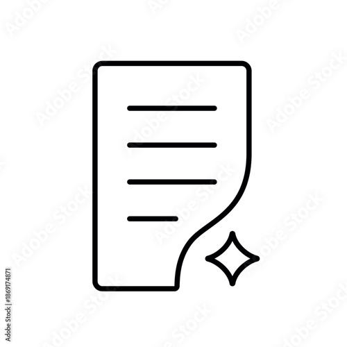 A vector icon representing editing or rewriting text tone, with a curled page and a sparkle, created in line style with editable stroke