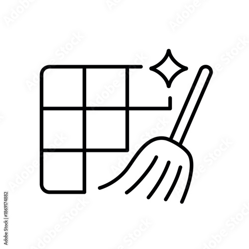 A vector icon representing the process of cleaning up tabular data, with a grid and a broom, created in line style with editable stroke