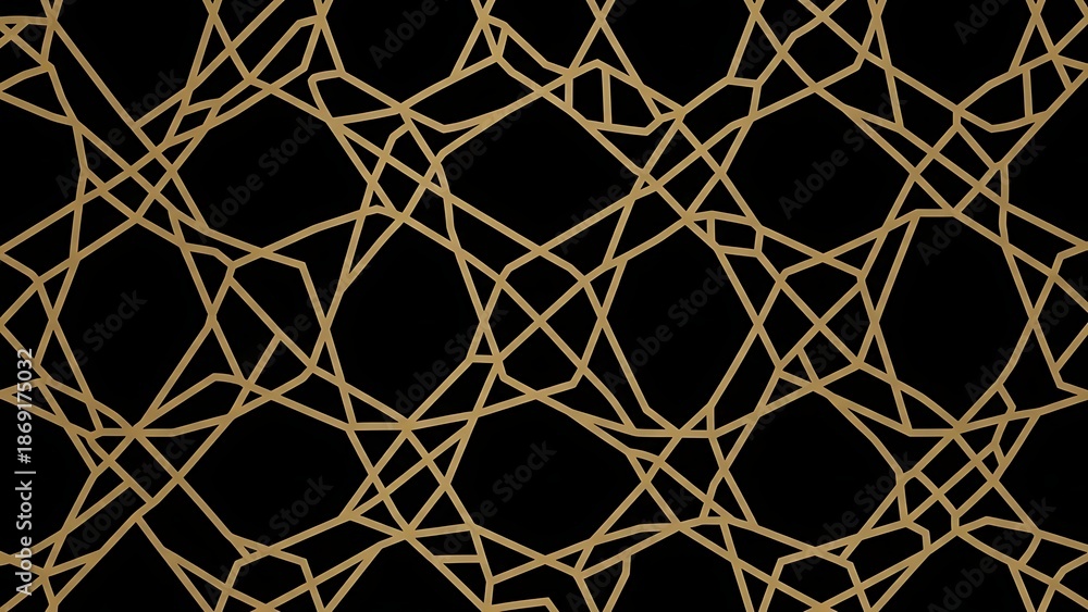 Fototapeta premium Intricate Islamic pattern featuring interconnected golden lines on a black background with a geometric design.
