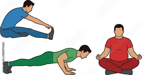 Male body types illustration featuring an ectomorph stretching, a mesomorph doing push-ups, and an endomorph meditating, representing different somatotypes, vector isolated.