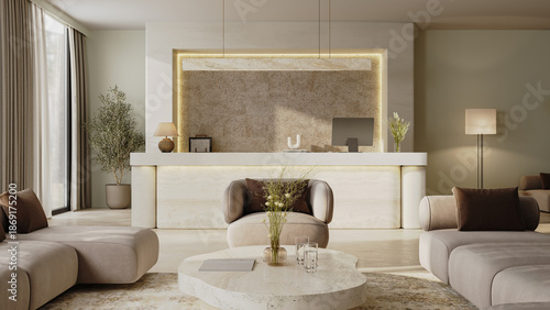 Modern hotel lobby and reception desk interior, 3d render