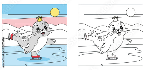 Cute Cartoon Seal Wearing a Crown Ice Skating on a Frozen Lake