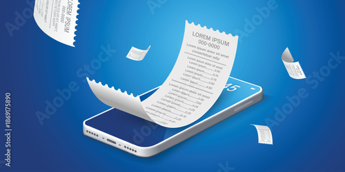 Bill of expenses is on mobile phone.Pay bills with mobile phone.Online shopping spending.Online shopping via smartphone.Bill payment flat isometric vector concept of mobile payment, shopping, banking.