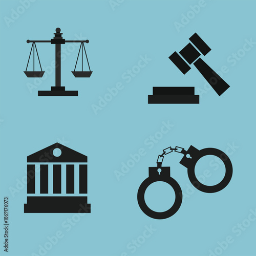 Group of Justice symbol, legal icons on background.
