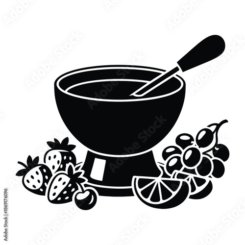Chocolate fondue pot with dipping fruit Vector, Silhouette, Illustration