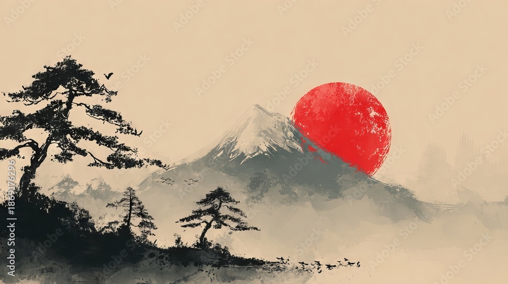 Obraz premium Japanese landscape background in traditional sumi e ink painting style, minimal monochrome brushwork, serene mountains and mist, wide wallpaper backdrop with copy space