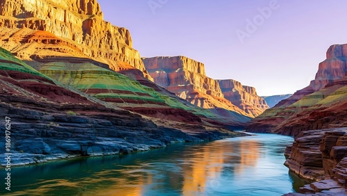A peaceful river mirrors the warm, layered walls of a vast canyon under a twilight sky.