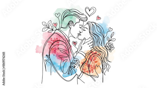 Colorful Continuous Line Art of Romantic Couple Sharing a Gentle Kiss on Valentine