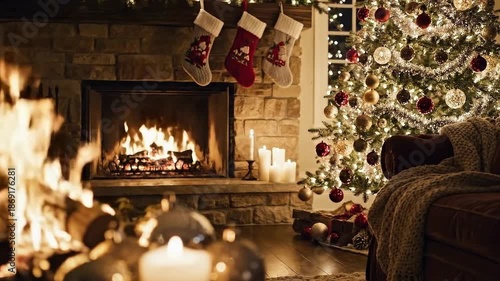 A festive gold and glass ball ornament hangs from a shiny ribbon on a decorated Christmas tree near a warm fireplace during the winter holiday season to celebrate a golden New Year