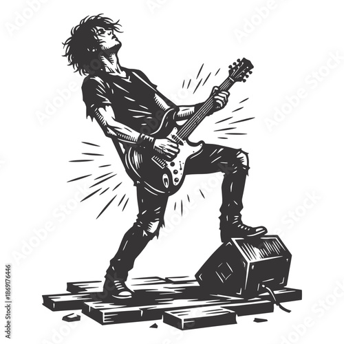 Rock guitarist silhouette playing electric guitar during music performance