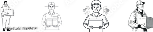 A continuous single line drawing illustrates a modern concept of a delivery worker carrying a packages icon