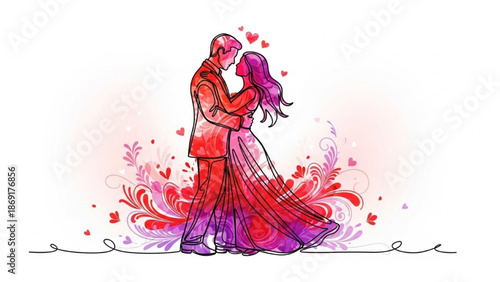 Colorful Continuous Line Art of Romantic Couple Slow Dancing Together on Valentine