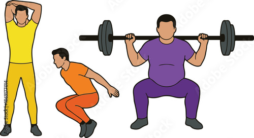 Male body types illustration featuring an ectomorph stretching, a mesomorph performing a jump squat, and an endomorph doing a barbell squat, representing different somatotypes and exercises, vector is