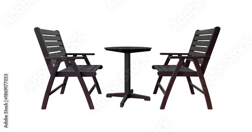 Set of wooden tables and chairs used in restaurants or cafes isolated on white background