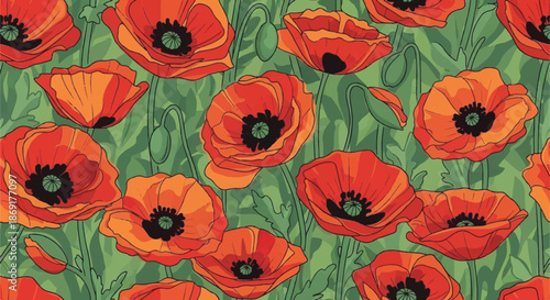 Vibrant Red Poppy Flowers with Green Stems Botanical Seamless Floral Pattern