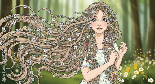 Beautiful Anime Girl with Long Flowing Brown Hair Decorated with White Daisy Flowers and Spring Garden Background