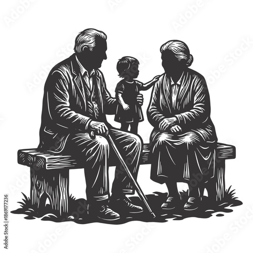 Elderly couple and grandchild silhouette sitting on a park bench