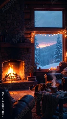 fireplace in the living room Winter room with a window snow fireplace