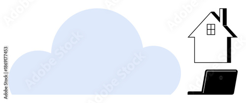 Cloud computing, remote work, digital connection, data storage, modern technology, home office. Illustration of a cloud, house and laptop. Cloud computing and remote work