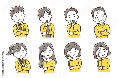 考え事をして首をかしげている人物／シンプルカラー／セット