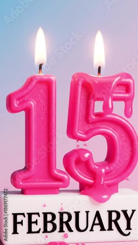 Pink candles in the shape of 15 on a white block with February