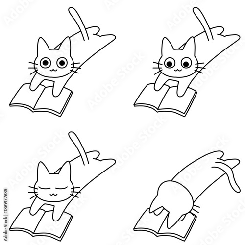 読書や勉強をして寝転ぶ猫のイラストセット