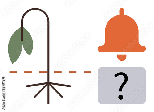 Climate change, environmental warning, water scarcity issues, drought effects, sustainability education, agricultural impact. Wilting plant, warning bell and question mark. Climate change